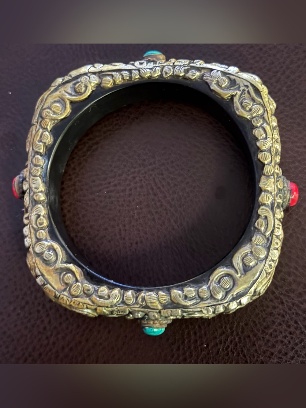 Antique-Style Tibetan Silver Turquoise and Coral Bangle Unique Square Form
